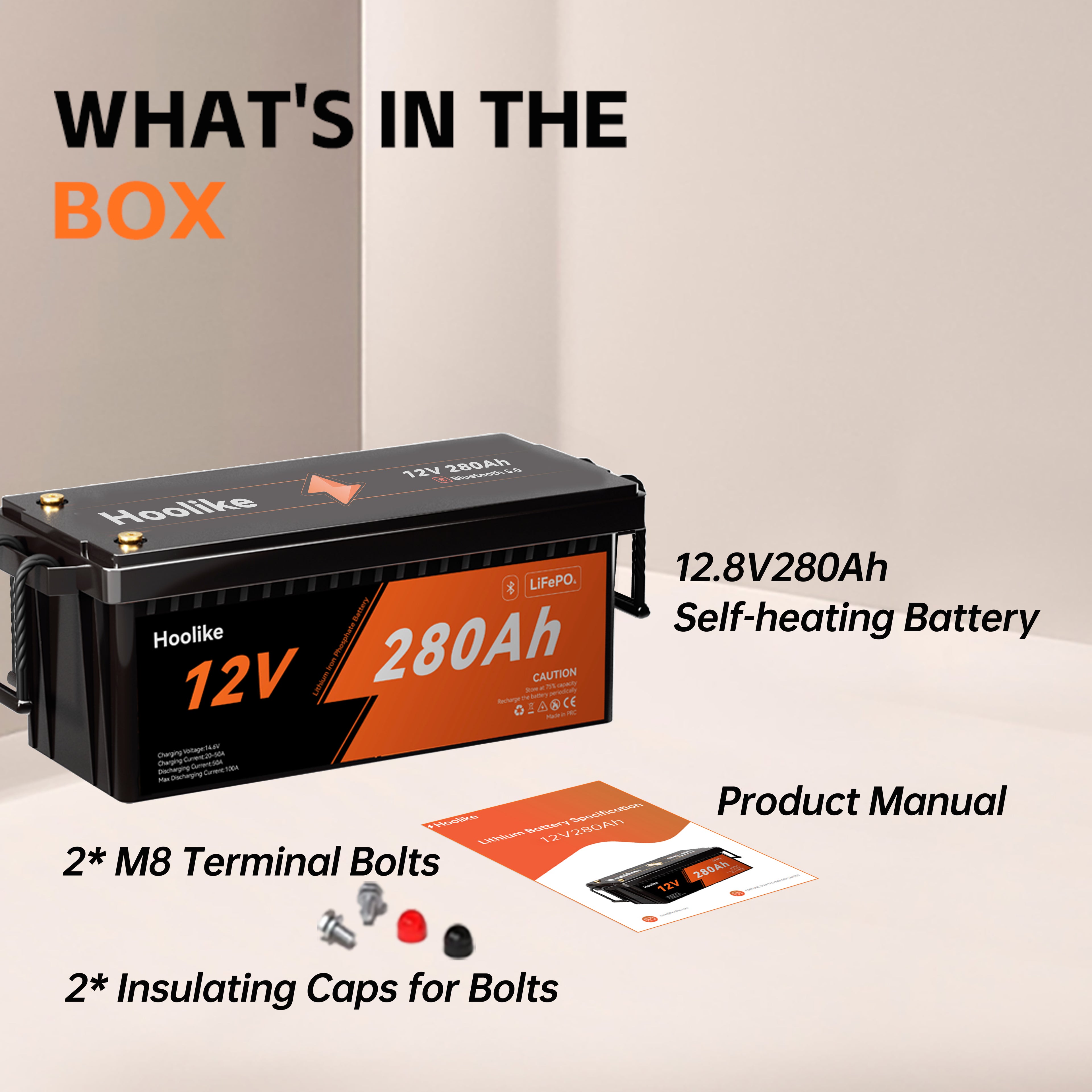 HOOLIKE 12,8V 280Ah Bluetooth-aktiveret litium-jernfosfat (LiFePO4)-batteri