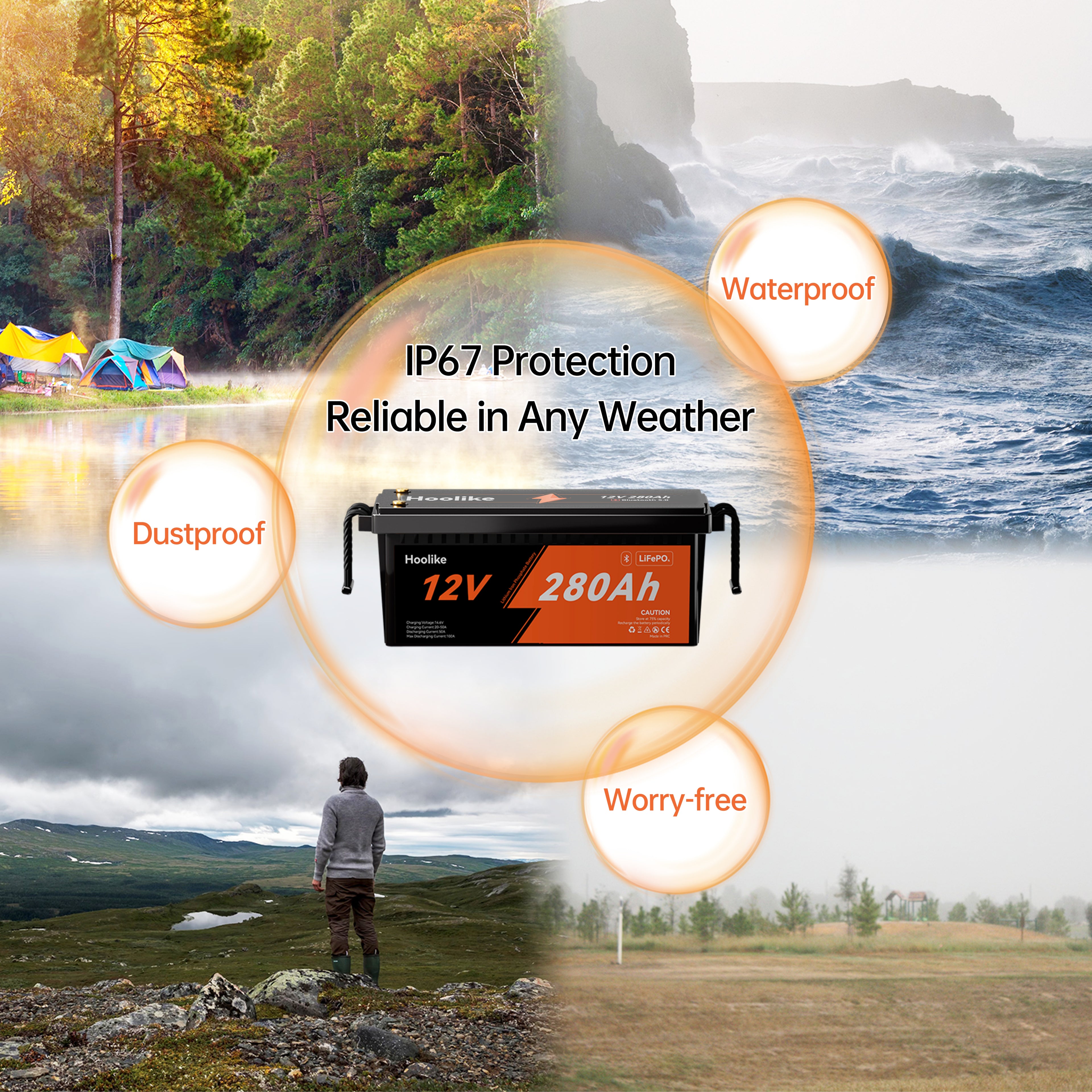 HOOLIKE 12,8V 280Ah Bluetooth-aktiveret litium-jernfosfat (LiFePO4)-batteri