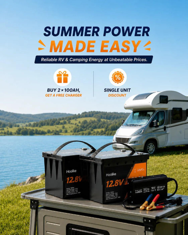 SUMMER POWER MAKE EASY —— BUY 2×100AH GET A FREE CHARGER & SINGE UNIT DISCOUNT