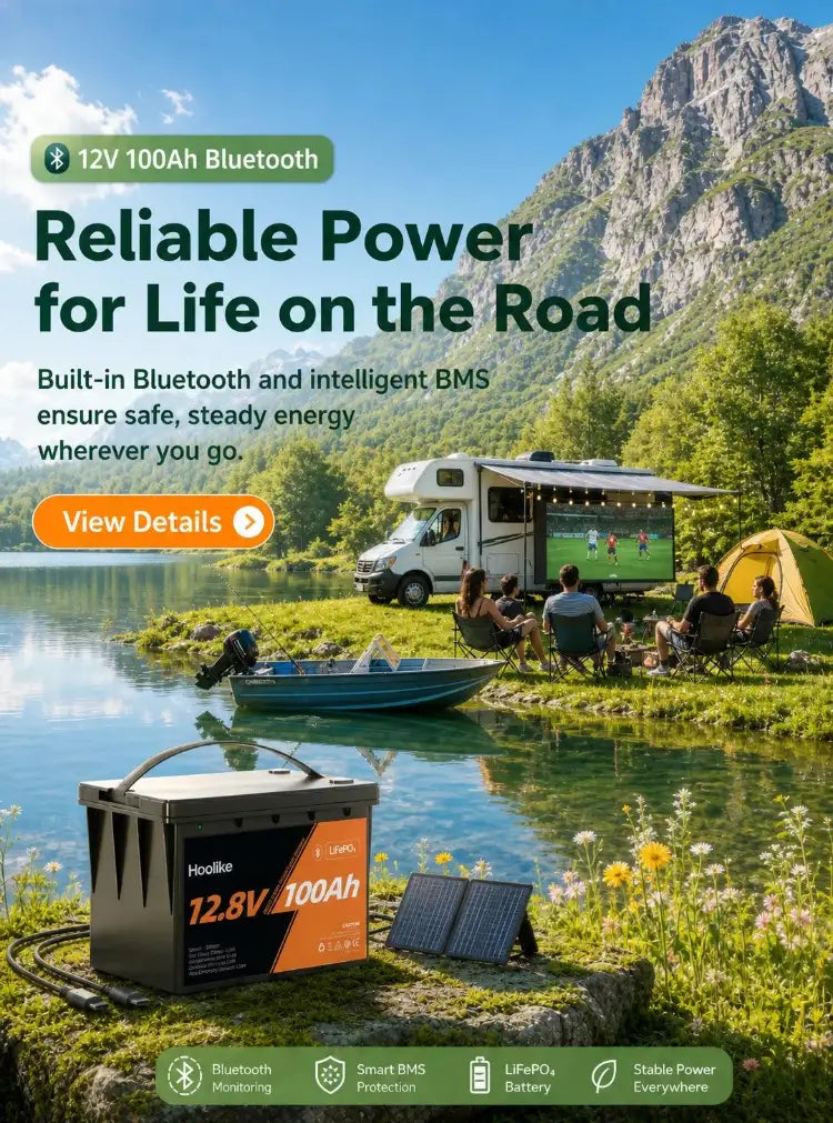12V100Ah Bluetooth - Reliable Power for Life on the Road _ Built-in Bluetooth and intelligent BMS, ensure safe, steady energy wherever you go.