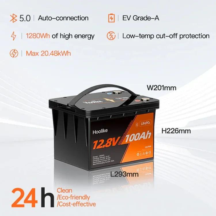 HOOLIKE 12.8V 100Ah Bluetooth-Enabled Lithium Iron Phosphate (LiFePO4) Battery - Hoolike