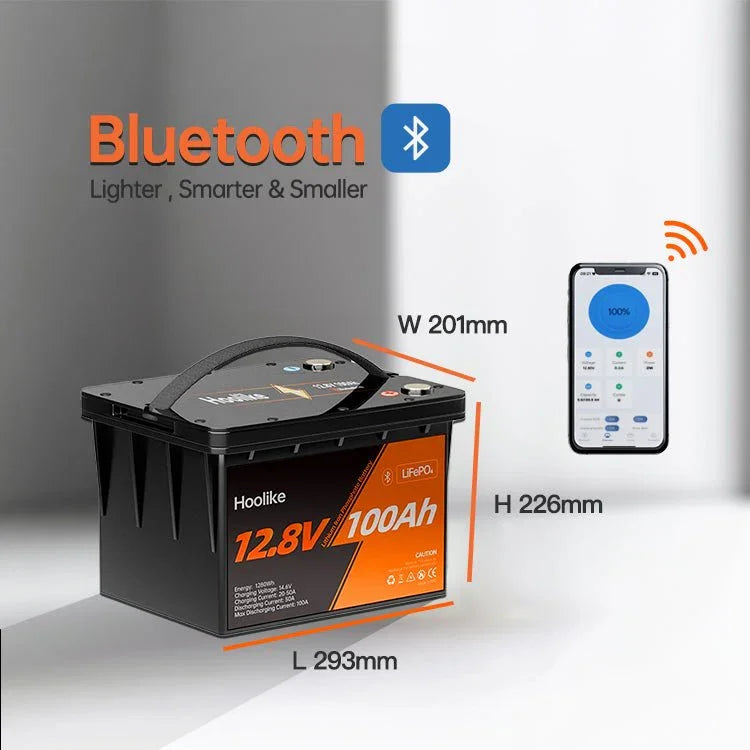HOOLIKE 12.8V 100Ah Bluetooth-Enabled Lithium Iron Phosphate (LiFePO4) Battery
