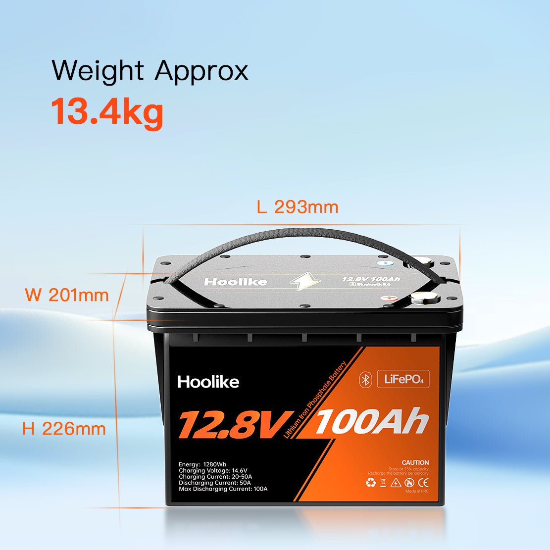 HOOLIKE 12.8V 100Ah Bluetooth-Enabled Lithium Iron Phosphate (LiFePO4) Battery
