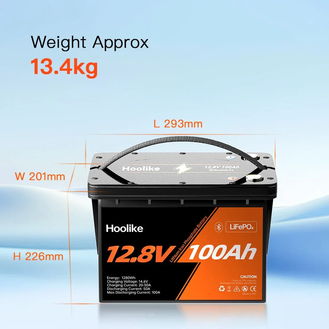 HOOLIKE 12.8V 100Ah Bluetooth-Enabled Lithium Iron Phosphate (LiFePO4) Battery