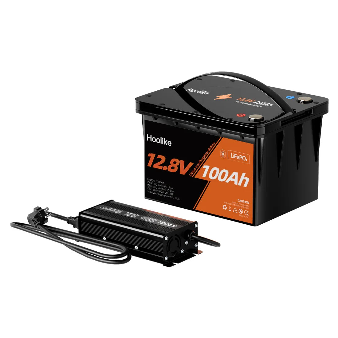 HOOLIKE 12.8V 100Ah Bluetooth-Enabled Lithium Iron Phosphate (LiFePO4) Battery And 14V20ah Charger