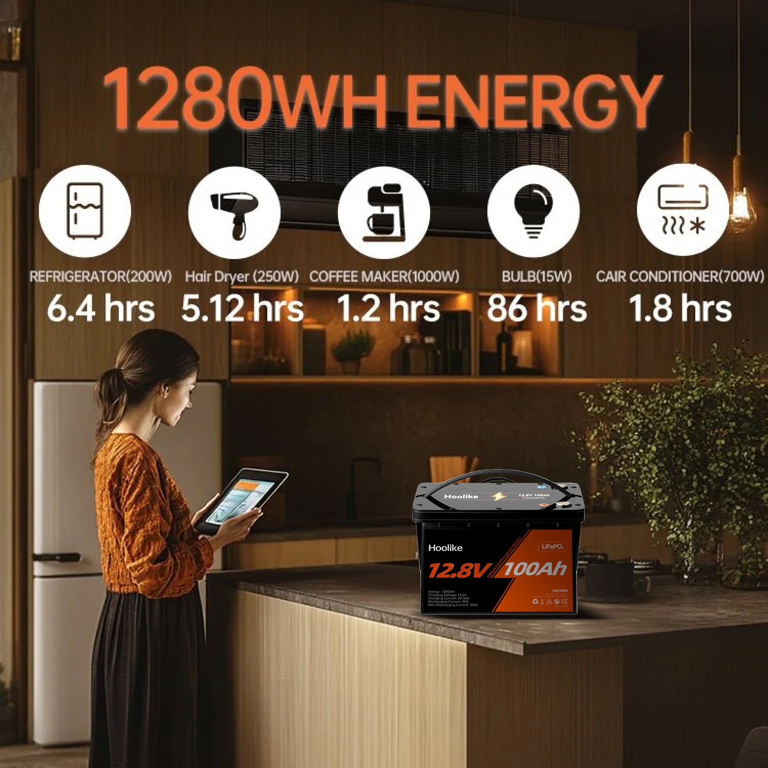 Batterie HOOLIKE 12.8V 100Ah au phosphate de fer lithium (LiFePO4)