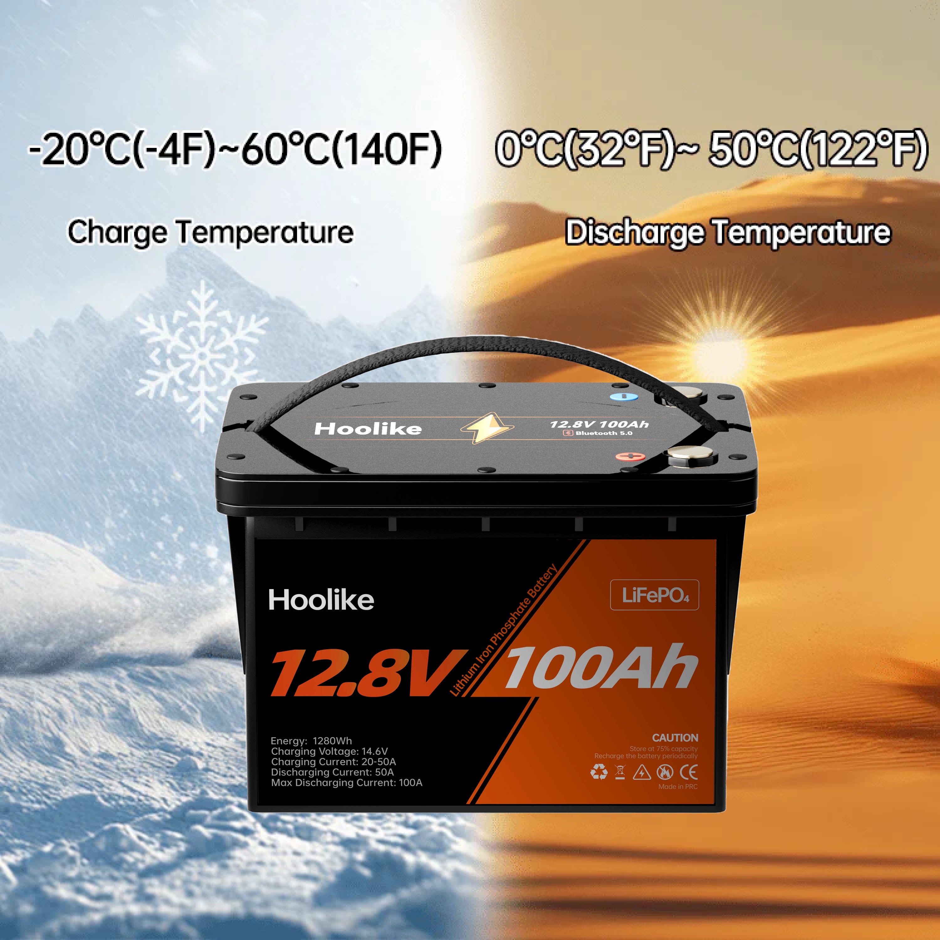 Batterie HOOLIKE 12.8V 100Ah au phosphate de fer lithium (LiFePO4)