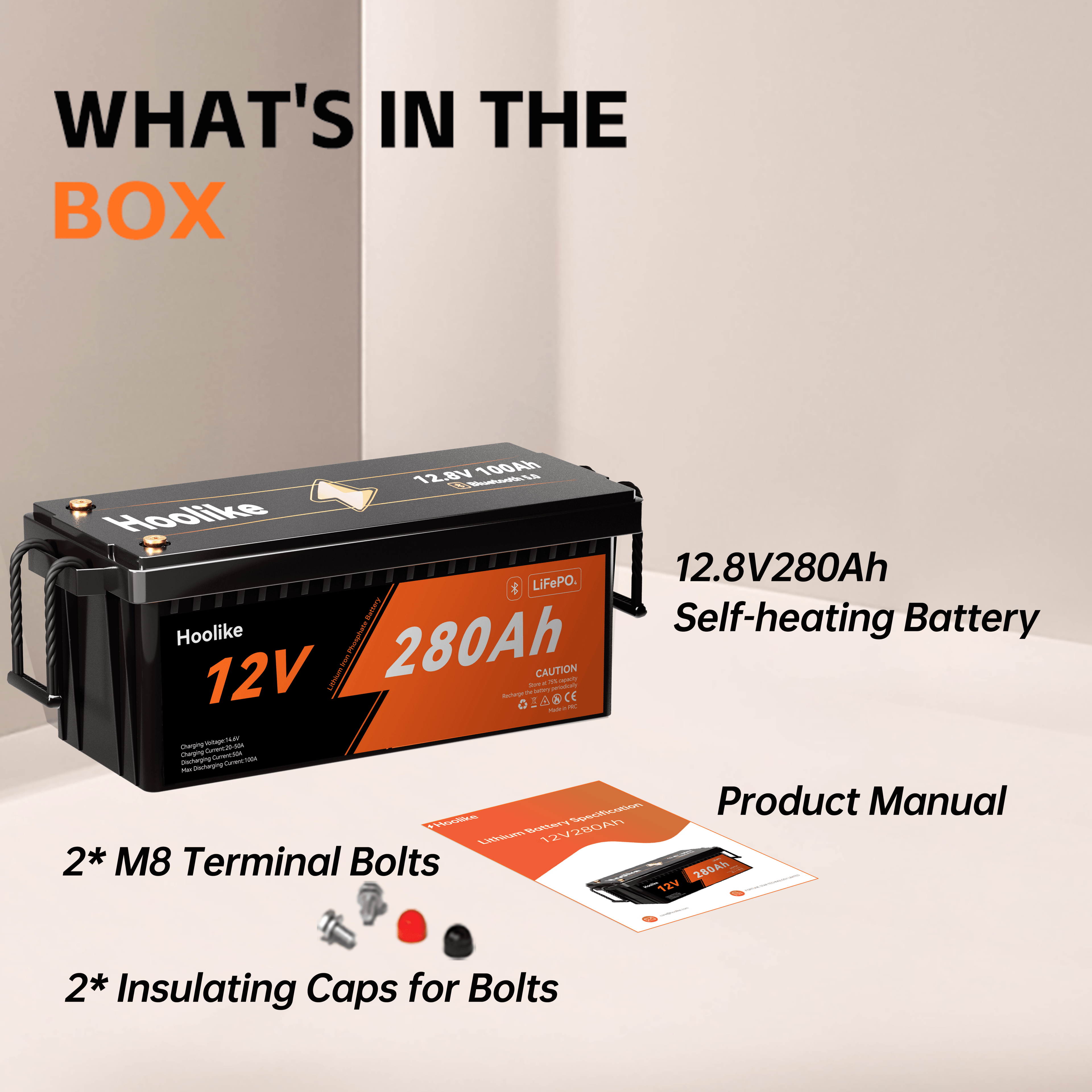 HOOLIKE 12.8V 280Ah Bluetooth-Enabled Lithium Iron Phosphate (LiFePO4) Battery