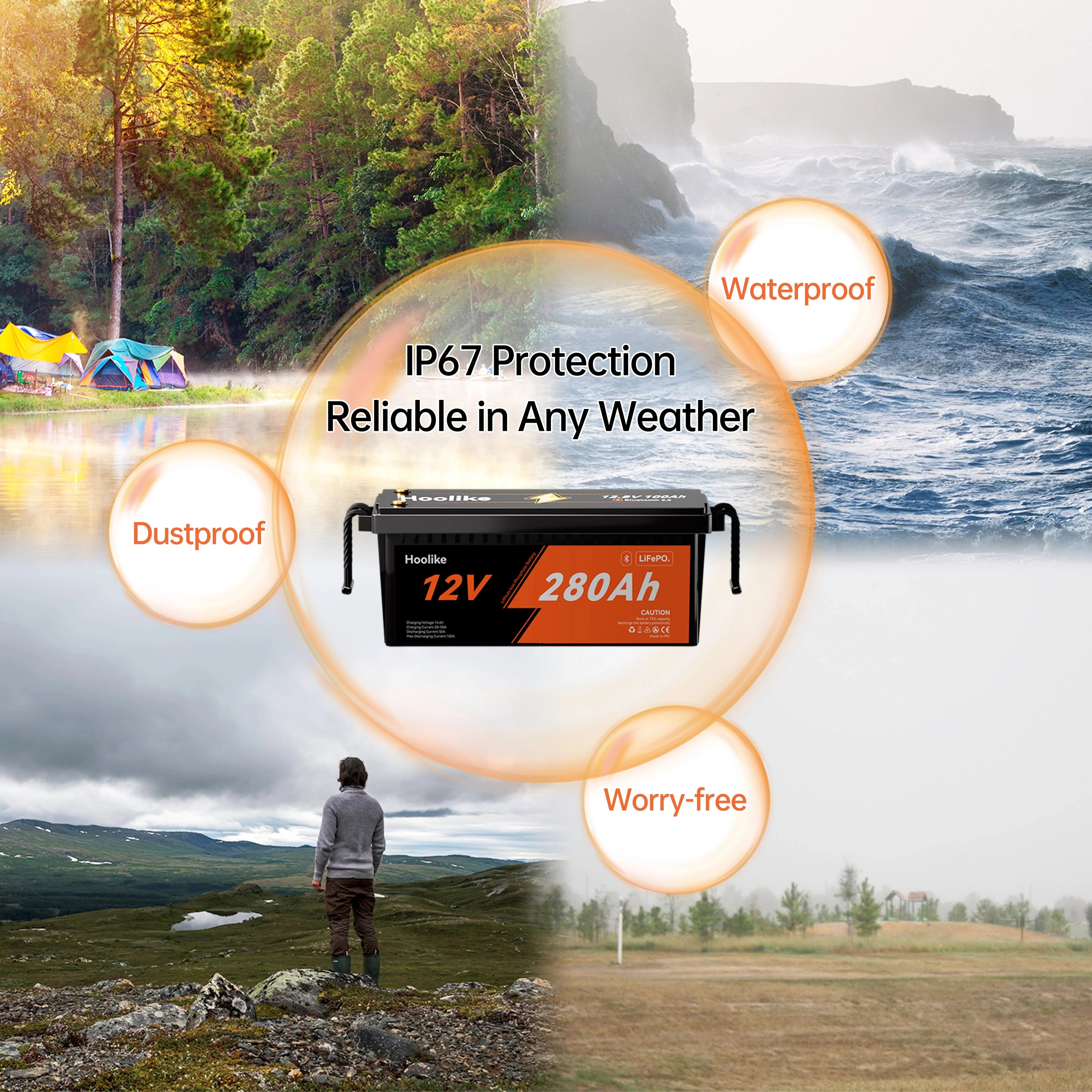 HOOLIKE 12.8V 280Ah Bluetooth-Enabled Lithium Iron Phosphate (LiFePO4) Battery