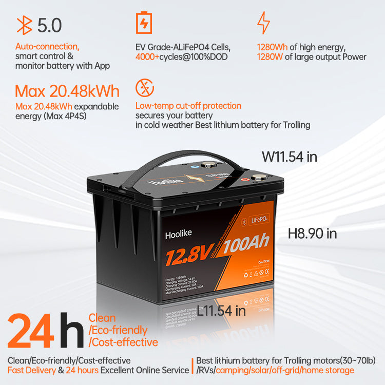HOOLIKE 12.8V 100Ah Bluetooth-fähiger Lithium-Eisen-Phosphat (LiFePO4) Akku
