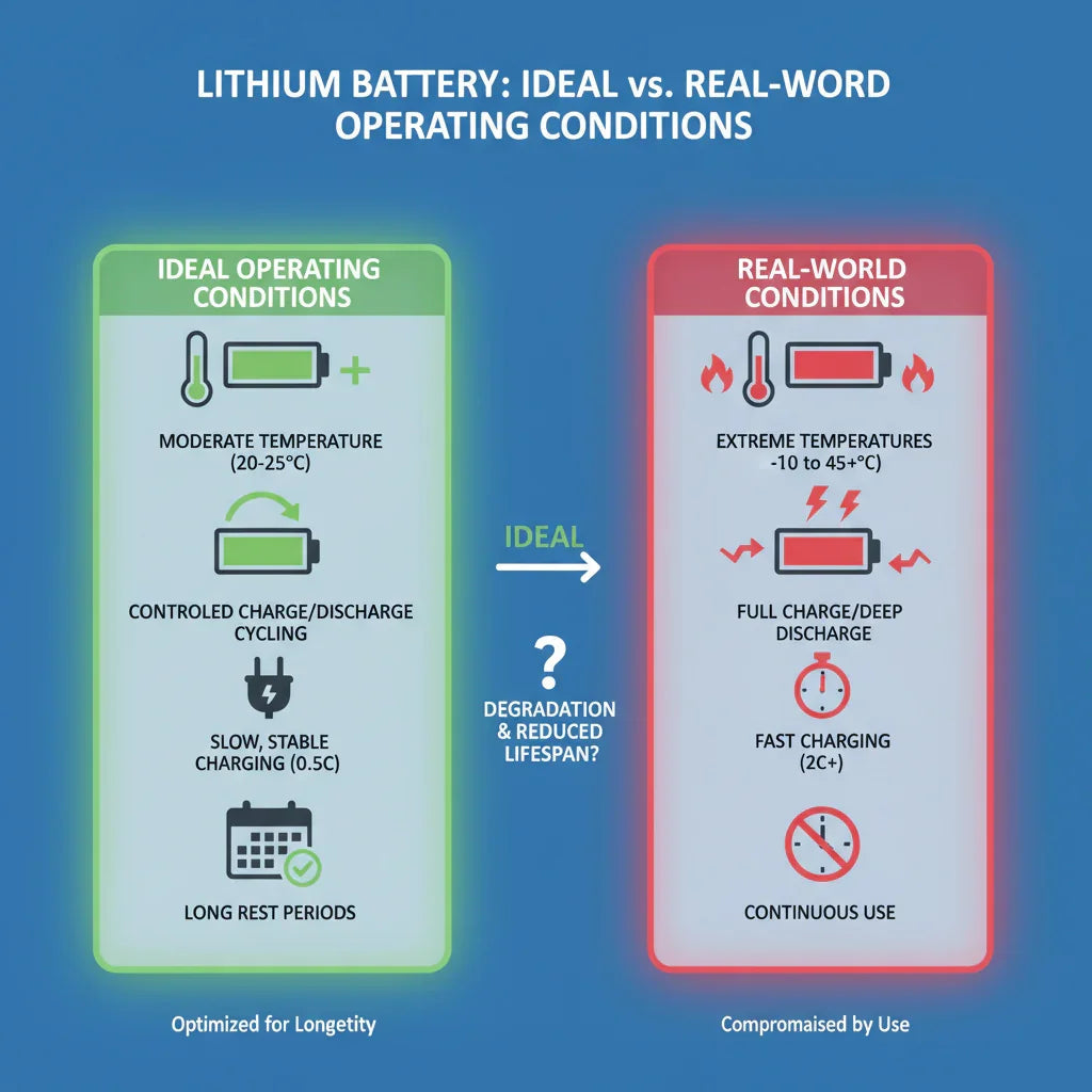 Lithium battery ideal vs real-world operating conditions comparison infographic