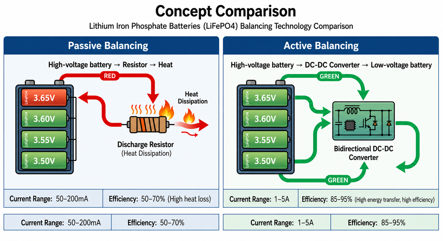 passive vs active battery balancing energy flow diagram comparison