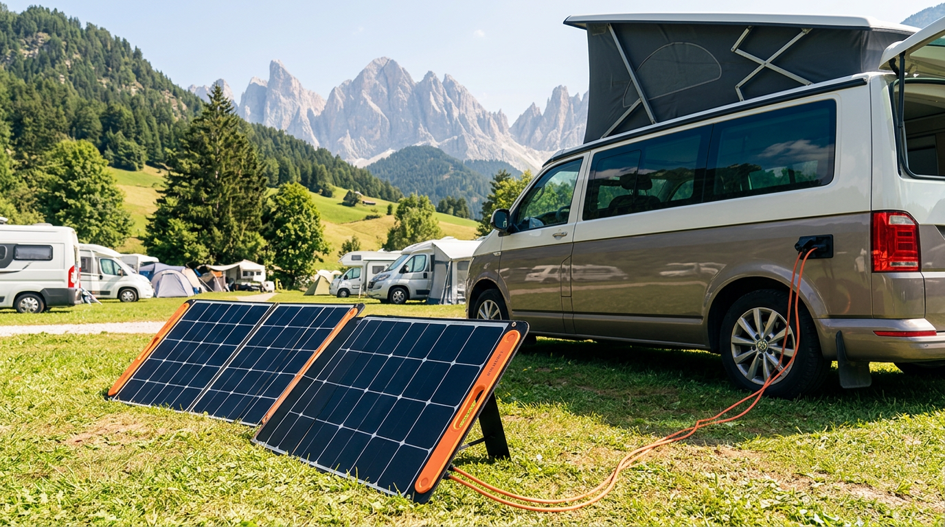 Premium portable solar panels for RV setup placed on kickstands outside a camper van in Europe