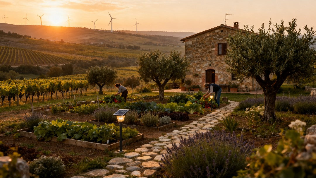 Rural garden at sunset with solar lamp, vineyards, and wind turbines in background