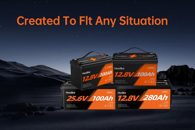 LiFePO4 batteries displayed with text 'Created To Fit Any Situation