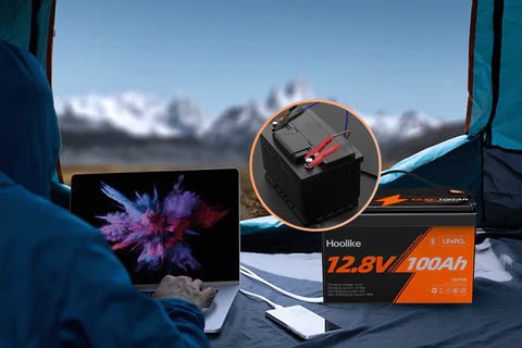 "Hoolike 12.8V 100Ah LiFePO4 battery for outdoor camping power"