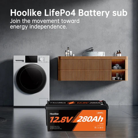 Alt: "Hoolike 12.8V 280Ah LiFePO4 battery promoting energy independence in home settings."