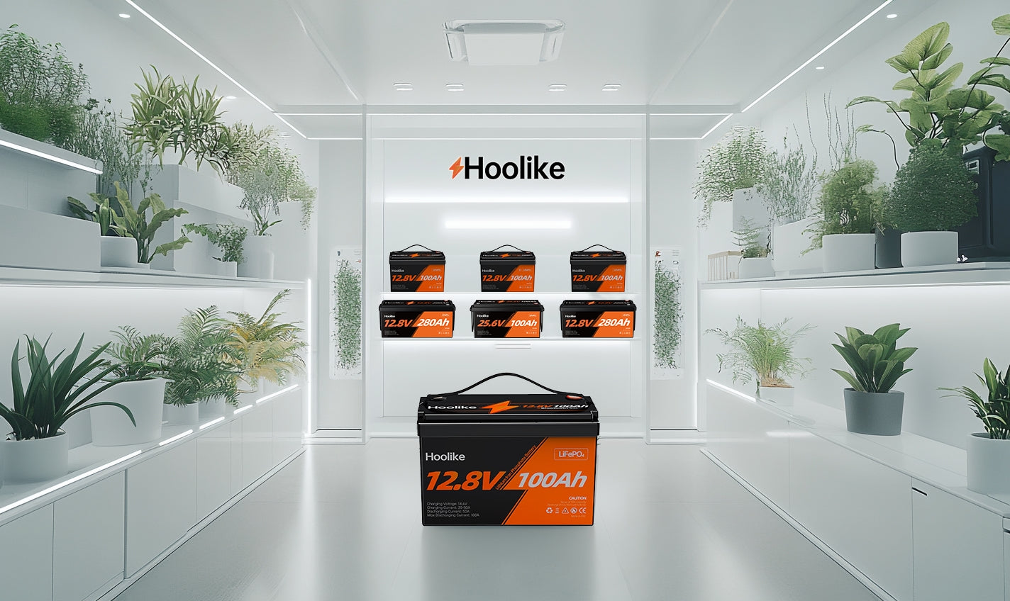 "Hoolike 12.8V 100Ah battery in a modern showroom with plants."