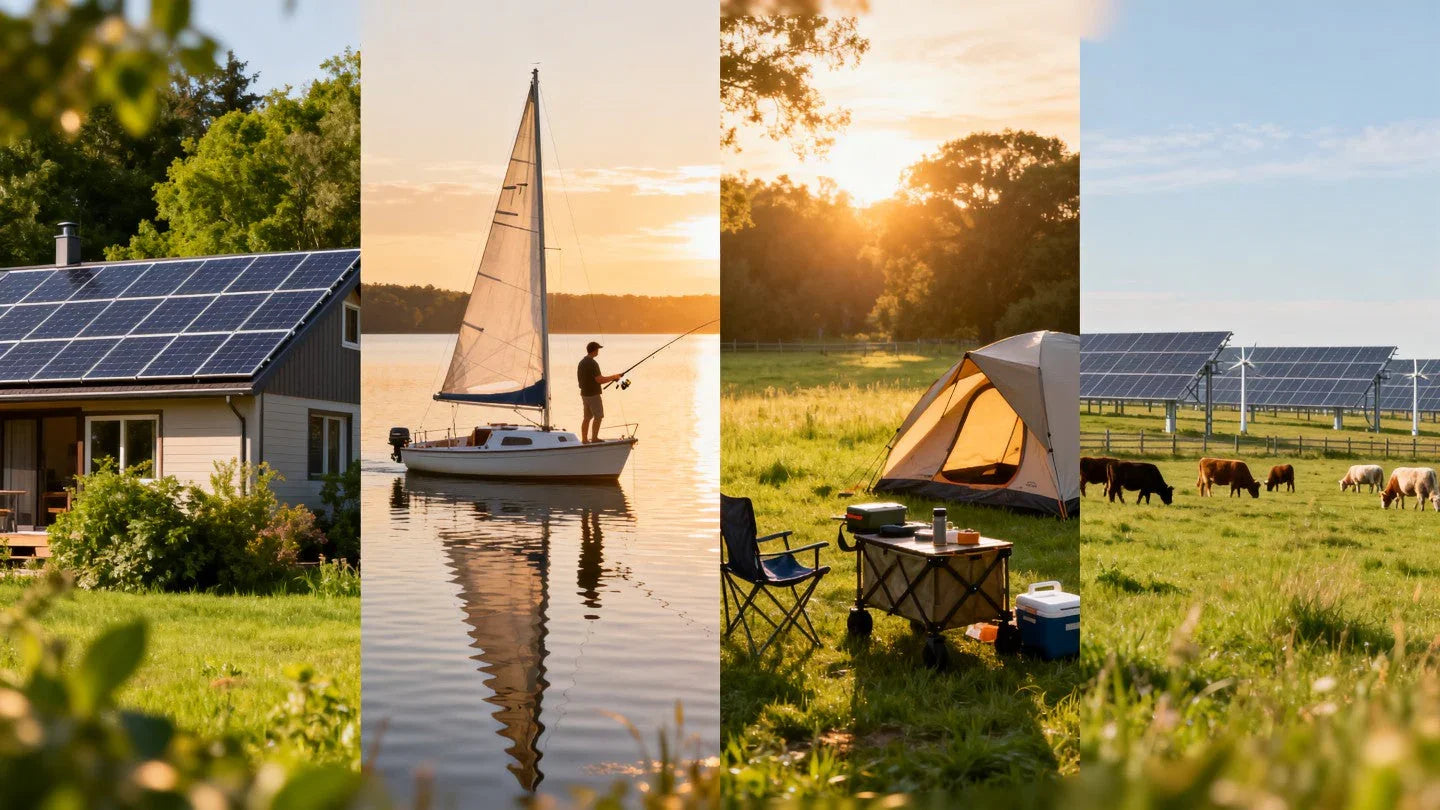 Solar-powered home, sailboat, campsite, and farm with renewable energy solutions for off-grid living