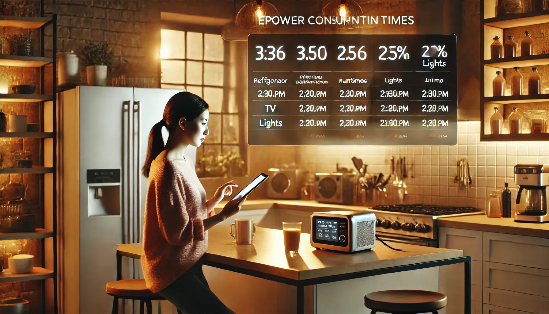 modern kitchen with a woman using a tablet, displaying estimated power consumption runtimes for household appliances.