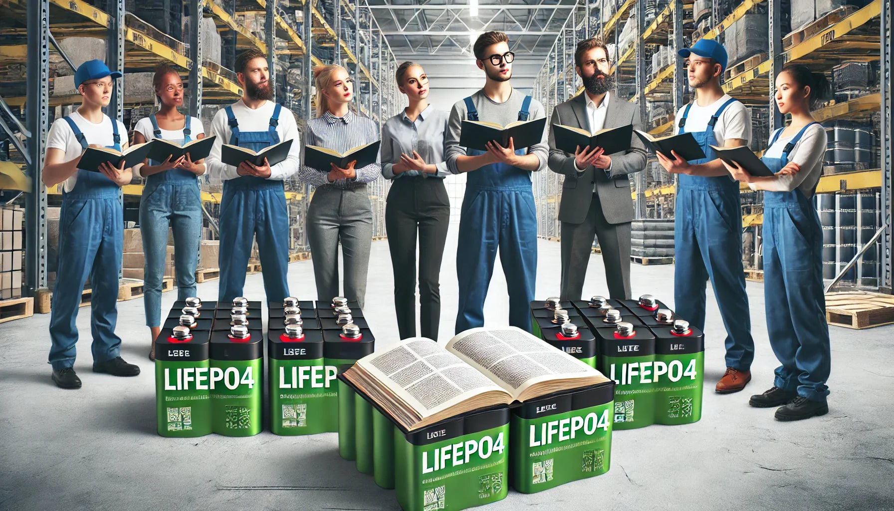 Workers in industrial uniforms reading books near stacked LiFePO4 batteries in a warehouse.