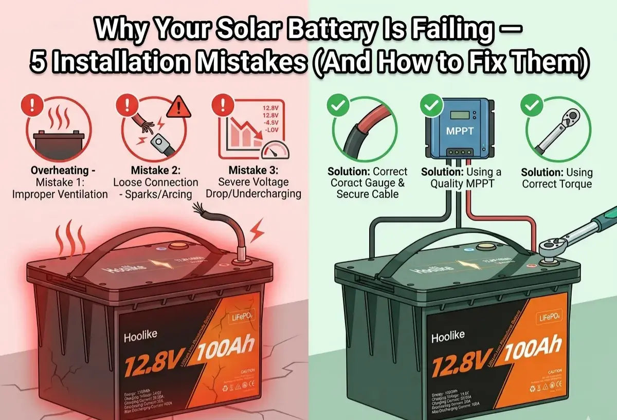Feature image: Why your solar battery is failing – 5 installation mistakes including MPPT settings, cable sizing, load distribution, ventilation, and loose terminals. System design matters more than brand.
