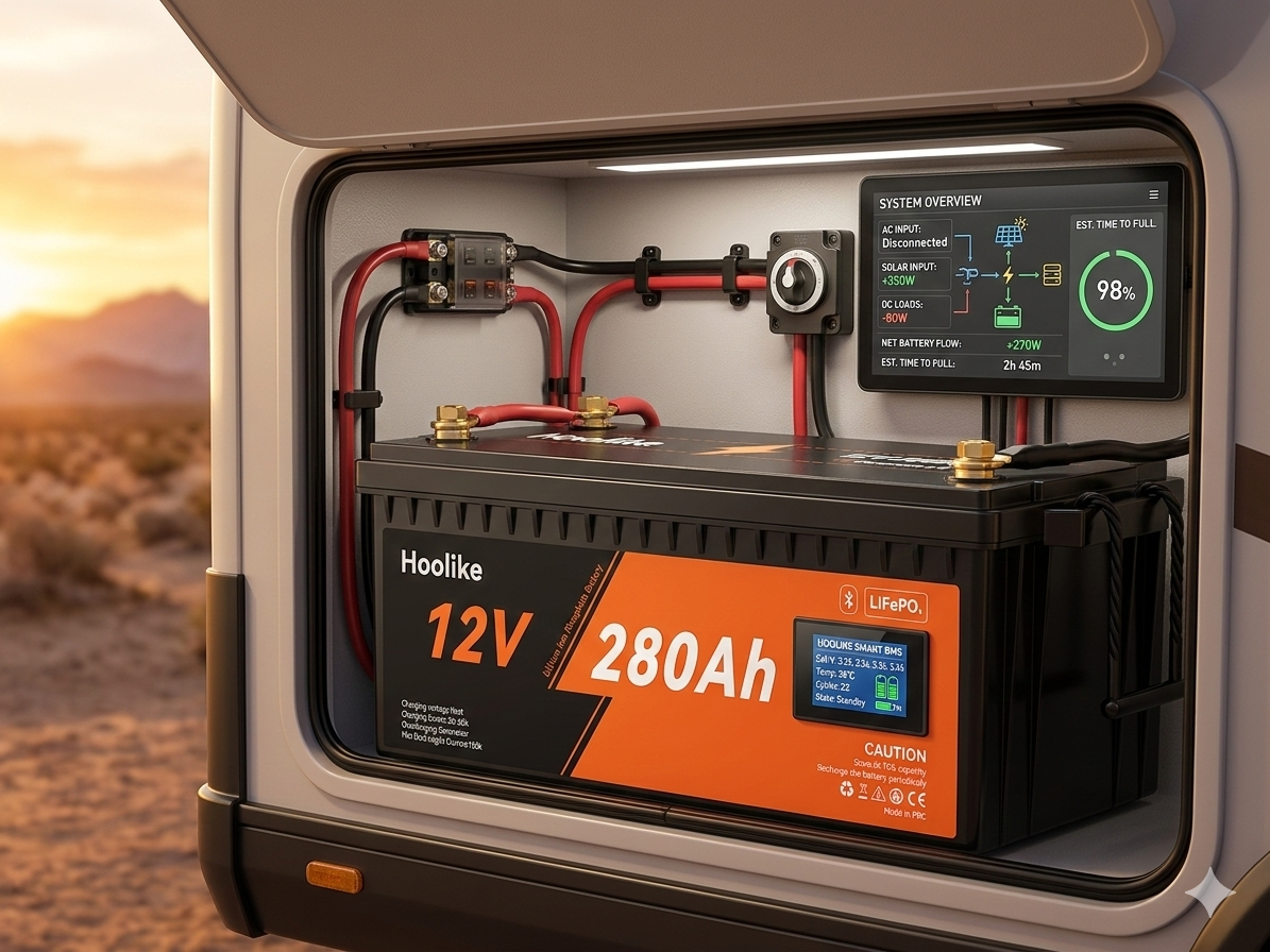 Hoolike 280Ah modular LiFePO₄ installation with hybrid inverter