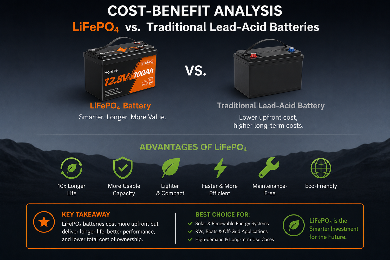 LiFePO4 vs lead-acid battery cost-benefit comparison: longer life, eco-friendly, efficient for solar & RV use