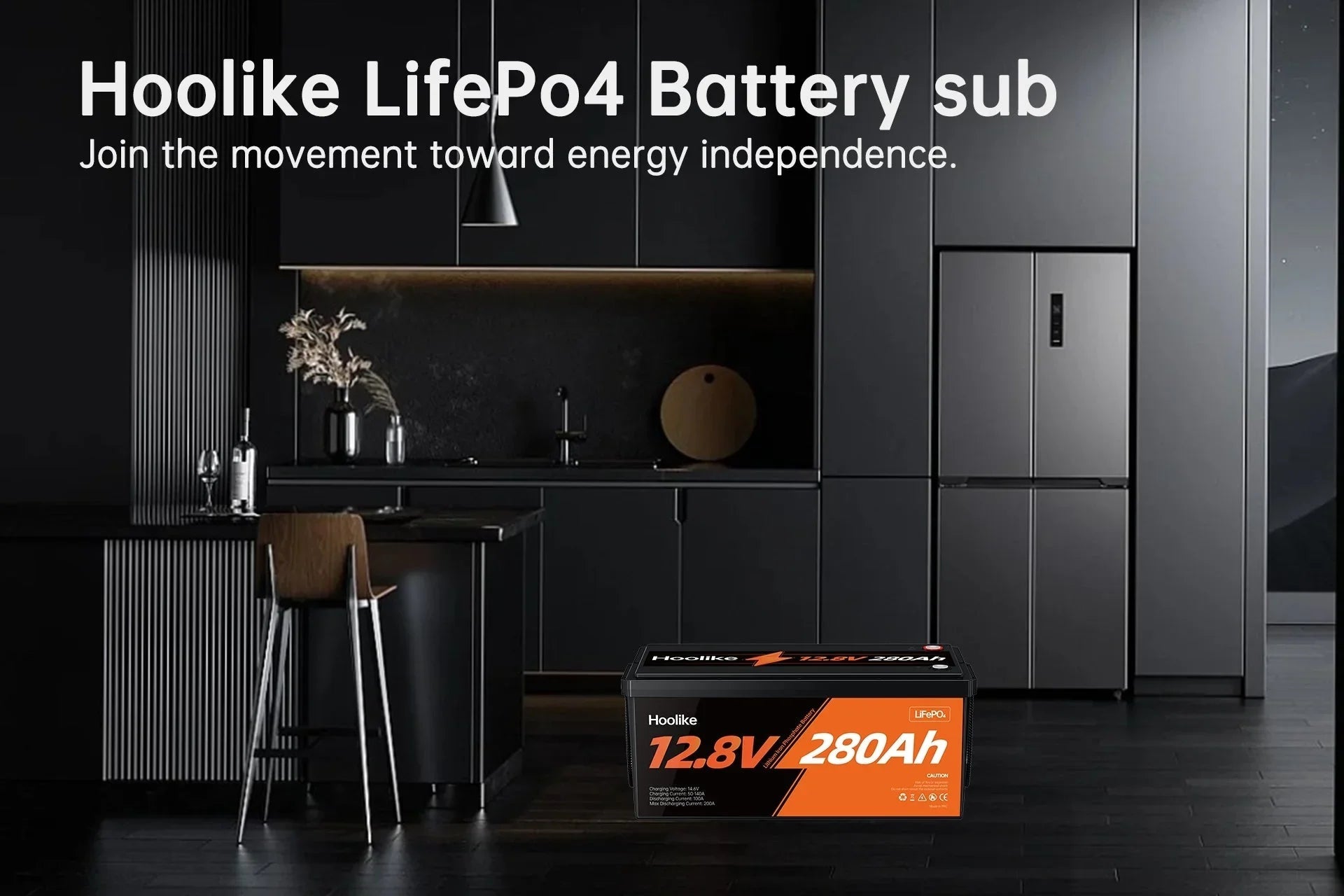 Hoolike 12.8V 280Ah LiFePO4 battery in modern kitchen, powering home energy independence
