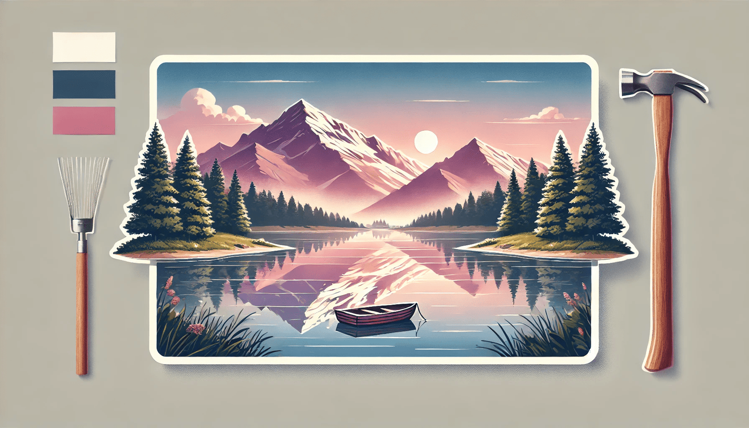 Peaceful mountain lake at sunrise with pine trees, snow-capped peaks, and a wooden boat.