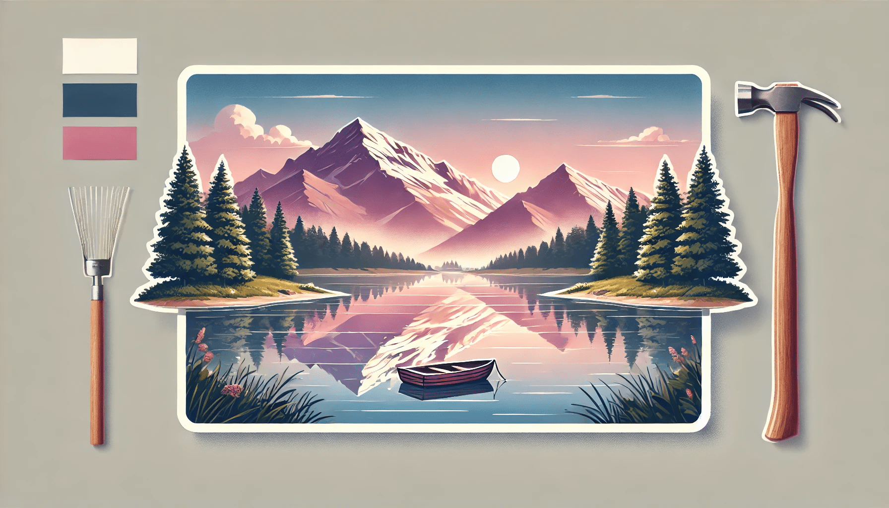 Peaceful mountain lake at sunrise with pine trees, snow-capped peaks, and a wooden boat.