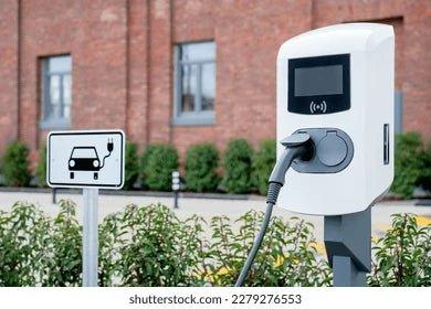 White EV charging station with plug connected, near electric vehicle sign and brick building