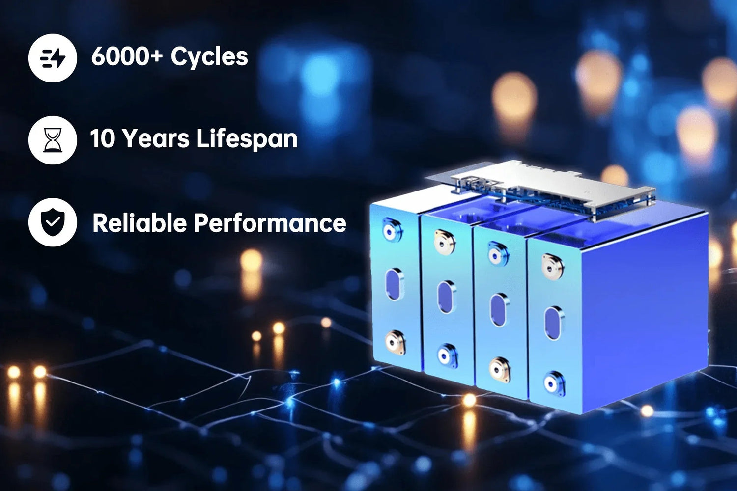 High-performance LiFePO₄ battery with 6000+ cycles, 10-year lifespan, and reliable performance