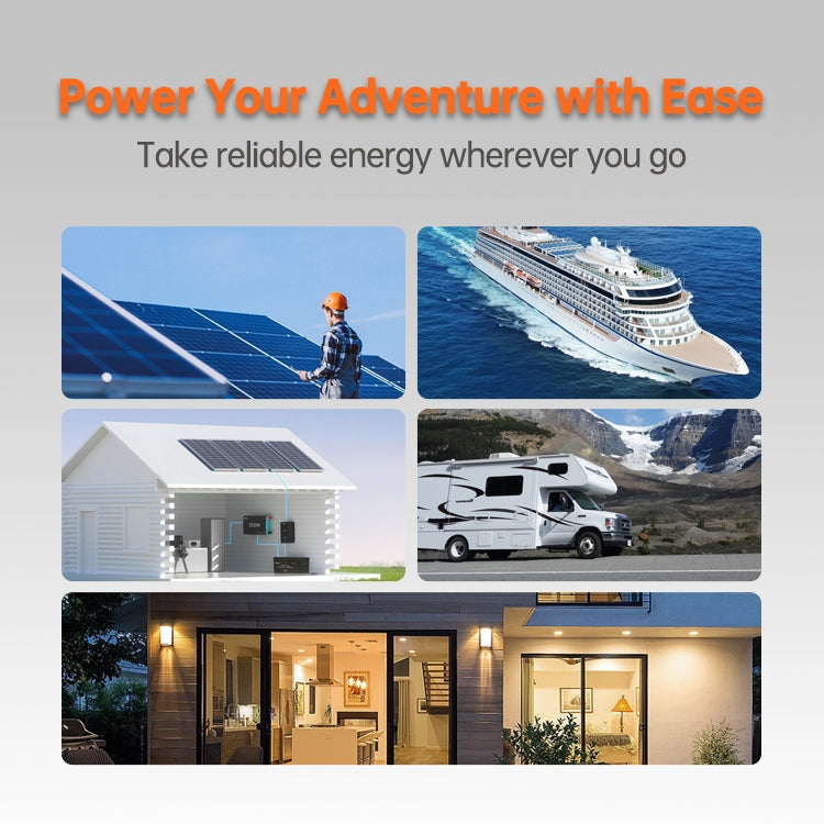 Promotional image showcasing renewable energy solutions, including solar panels, a cruise ship, an RV, a modern home with solar panels, and a well-lit house, with the tagline 'Power Your Adventure with Ease Take reliable energy wherever you go