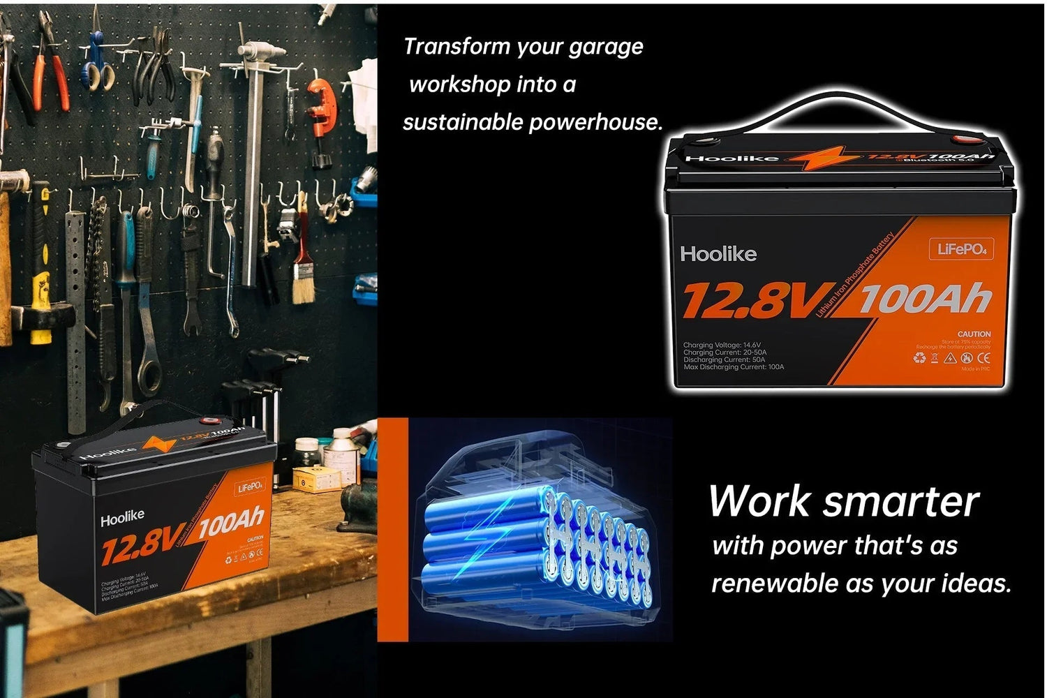 Hoolike 12.8V 100Ah LiFePO4 battery in garage workshop, powering tools with sustainable energy
