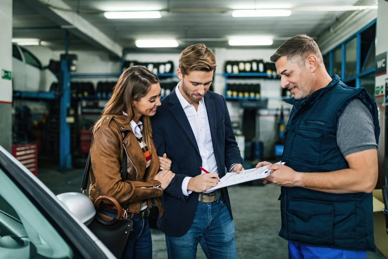 Mechanic discussing car service with couple in auto repair shop, reviewing paperwork near vehicle