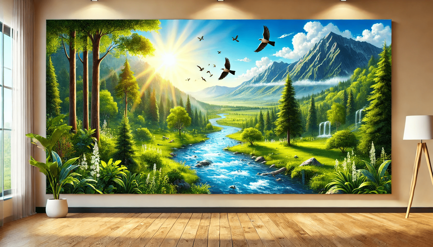 A wide rectangular painting of a vibrant natural landscape with a flowing river, green trees, mountains, and birds in a bright, sunny setting, displayed on a wall in a cozy room.
