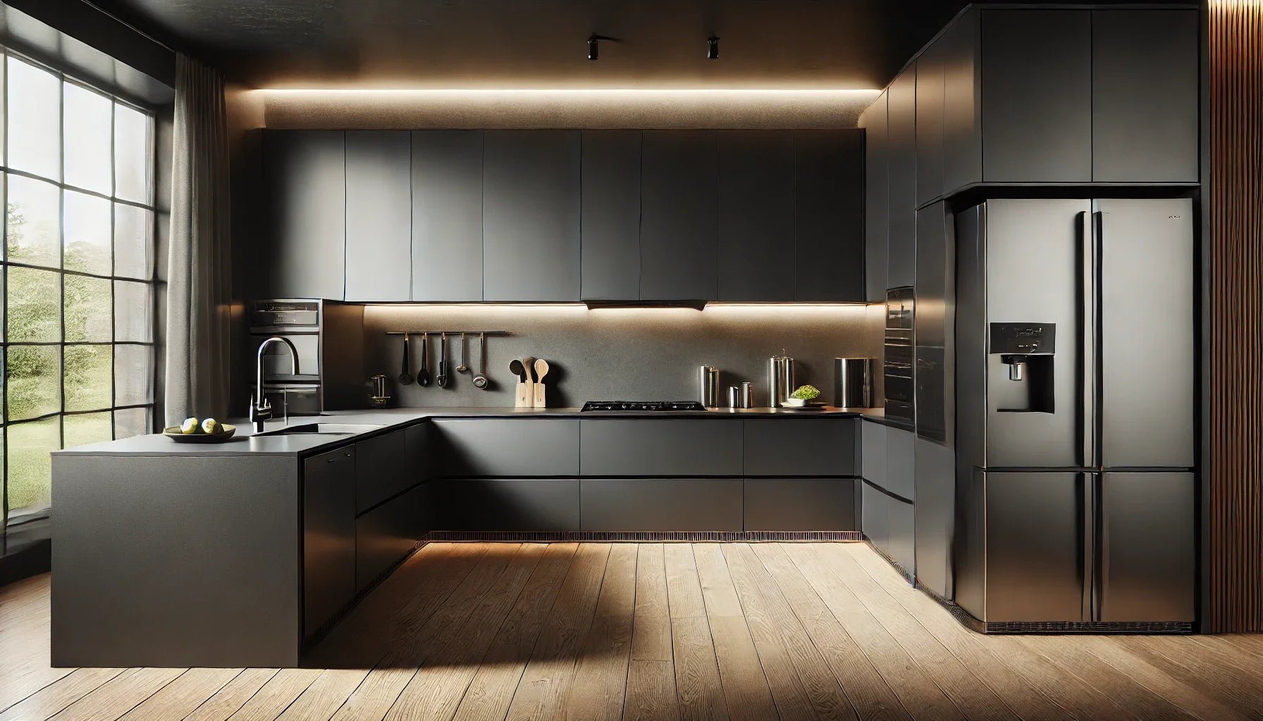 Rectangular modern dark kitchen with built-in refrigerator, black cabinets, and ambient lighting."