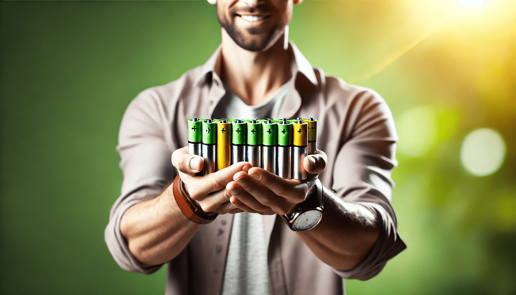 "Person holding rechargeable batteries with a green background."