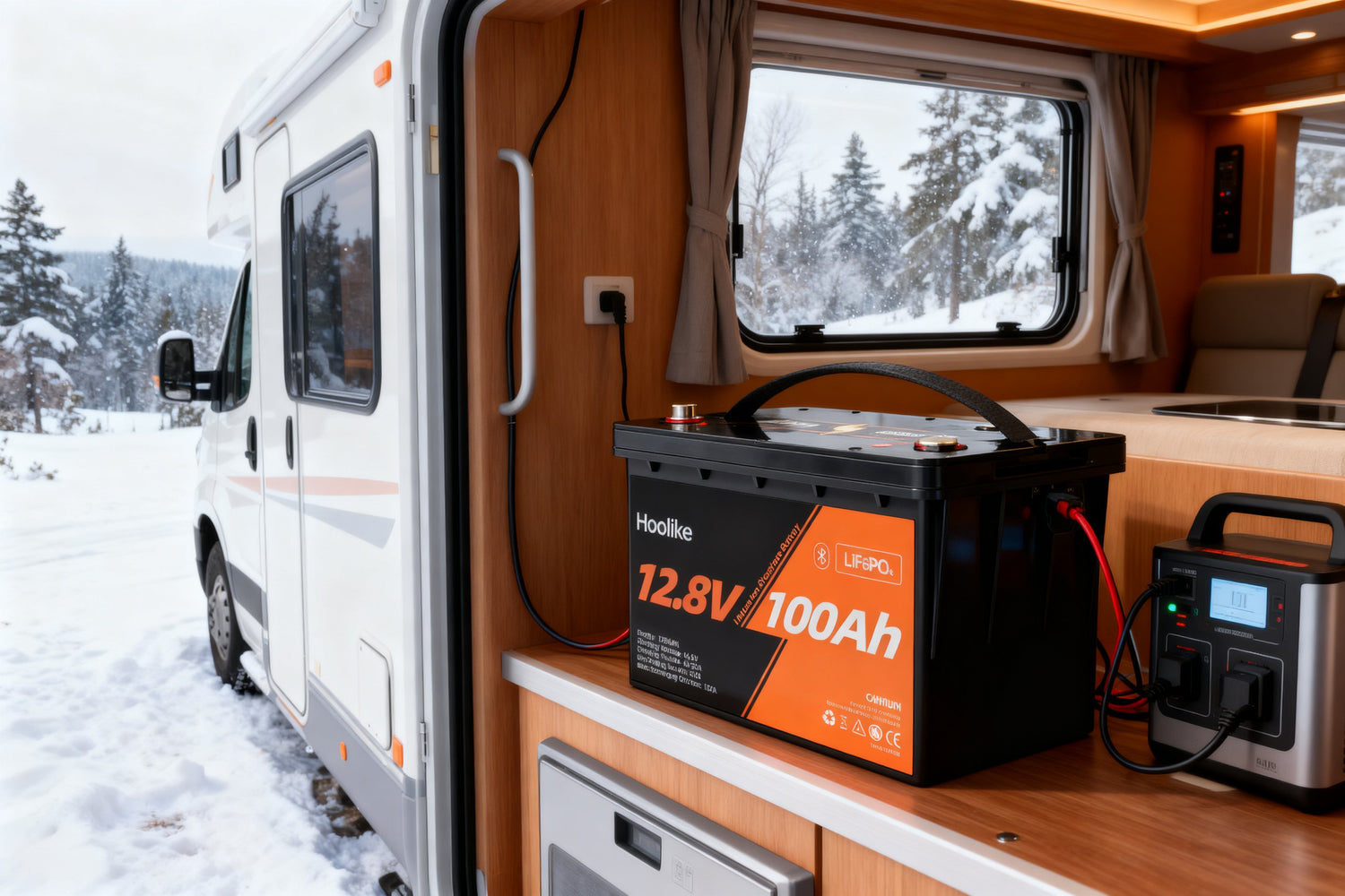 Hoolike 12.8V 100Ah LiFePO4 battery in a camper van battery box