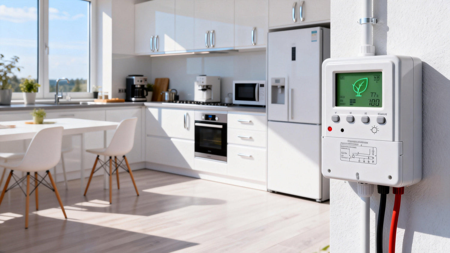 Smart energy monitor displaying 100% charge in modern kitchen with LiFePO₄ battery system