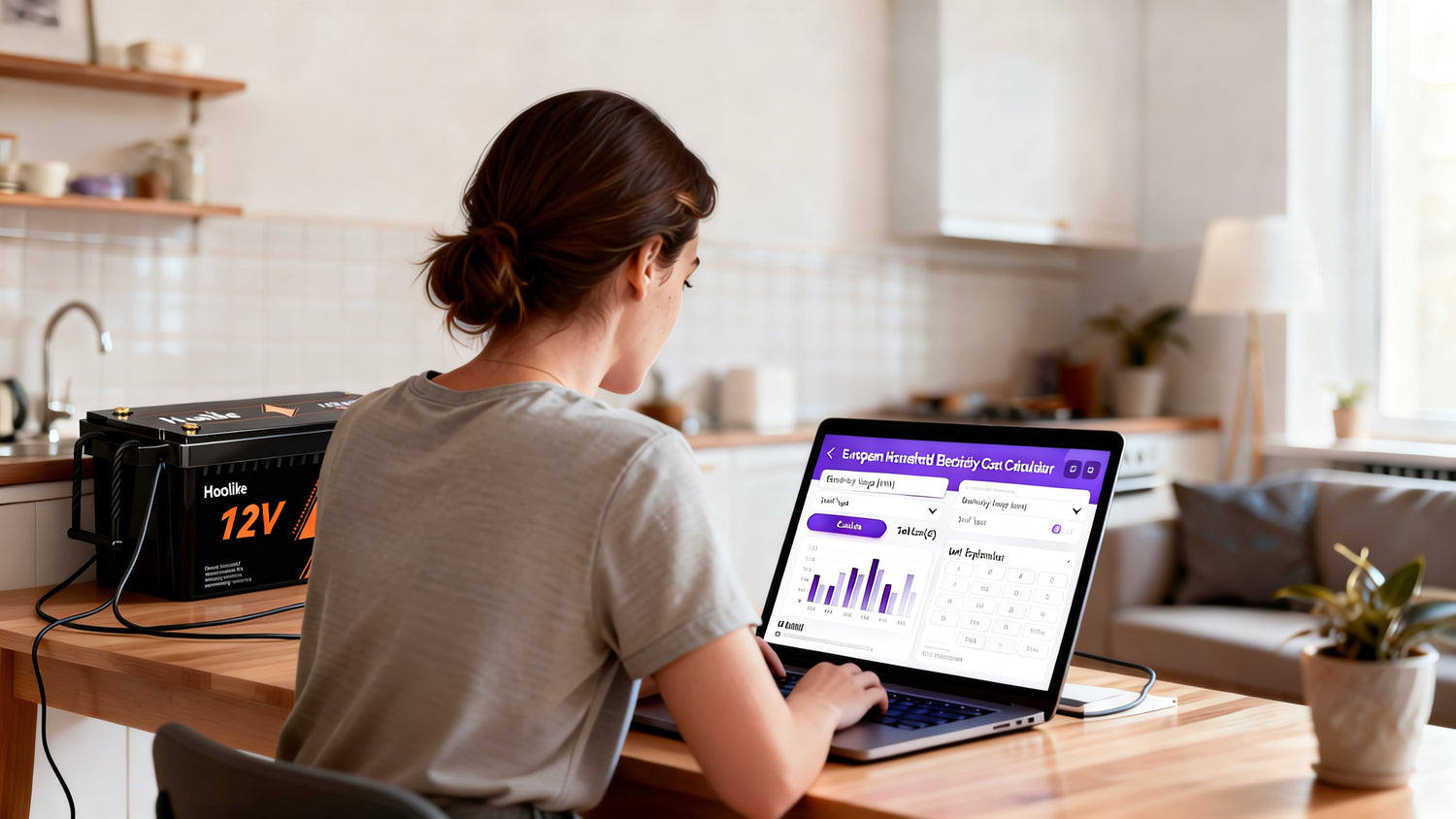 A woman is checking her computer, calculating the power consumption and corresponding costs of Hoolike batteries.