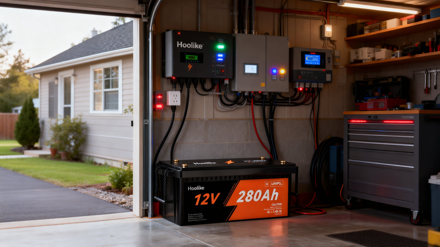 Hoolike 280Ah LiFePO₄ battery bank for residential energy storage.