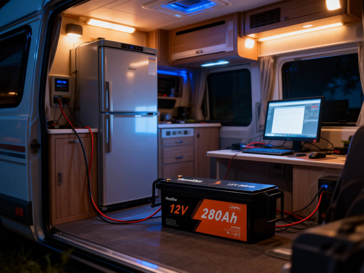 Hoolike 12V 280Ah LiFePO₄ battery powering RV fridge and computer setup at night