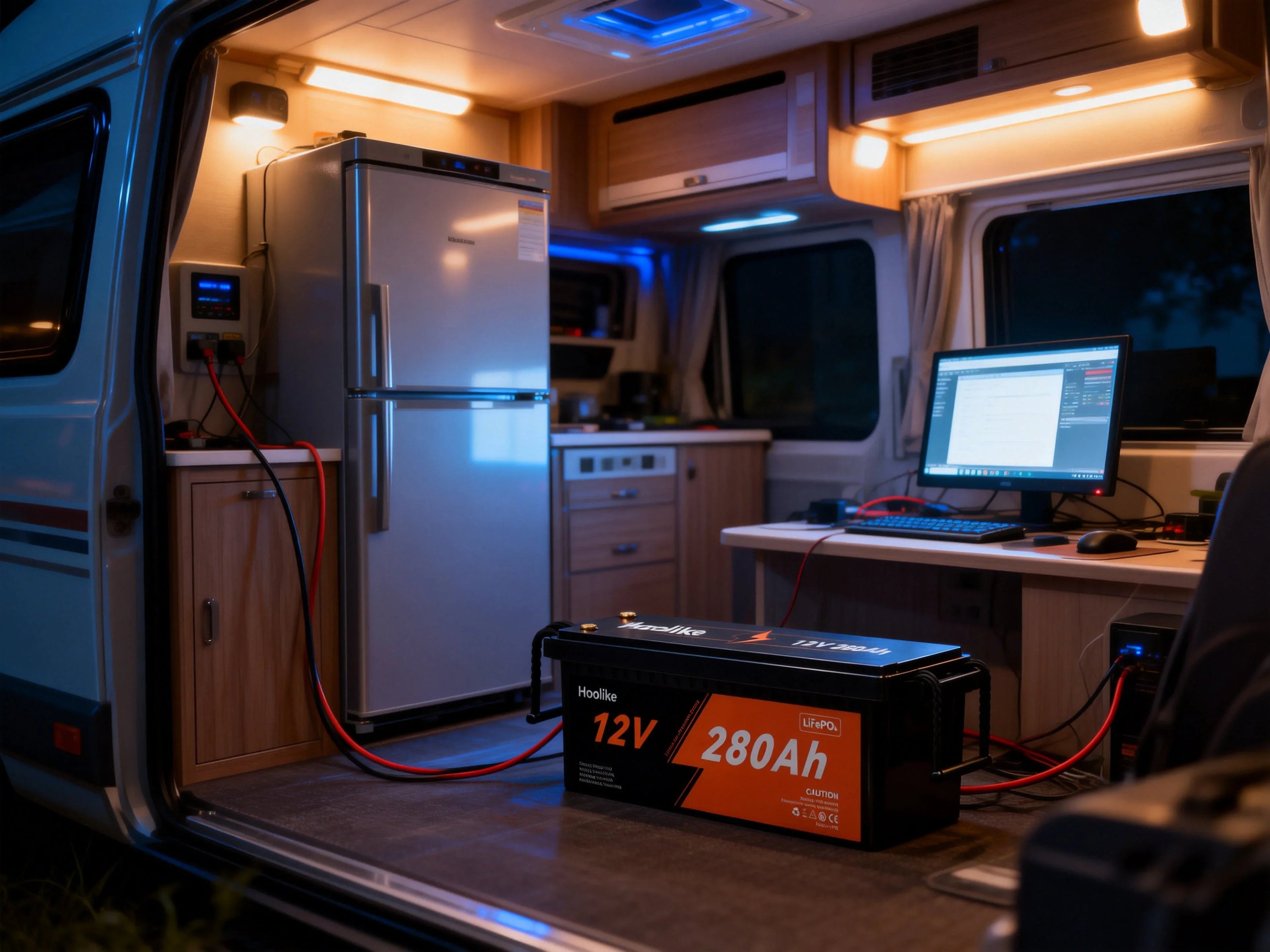 Hoolike 12V 280Ah LiFePO₄ battery powering RV fridge and computer setup at night