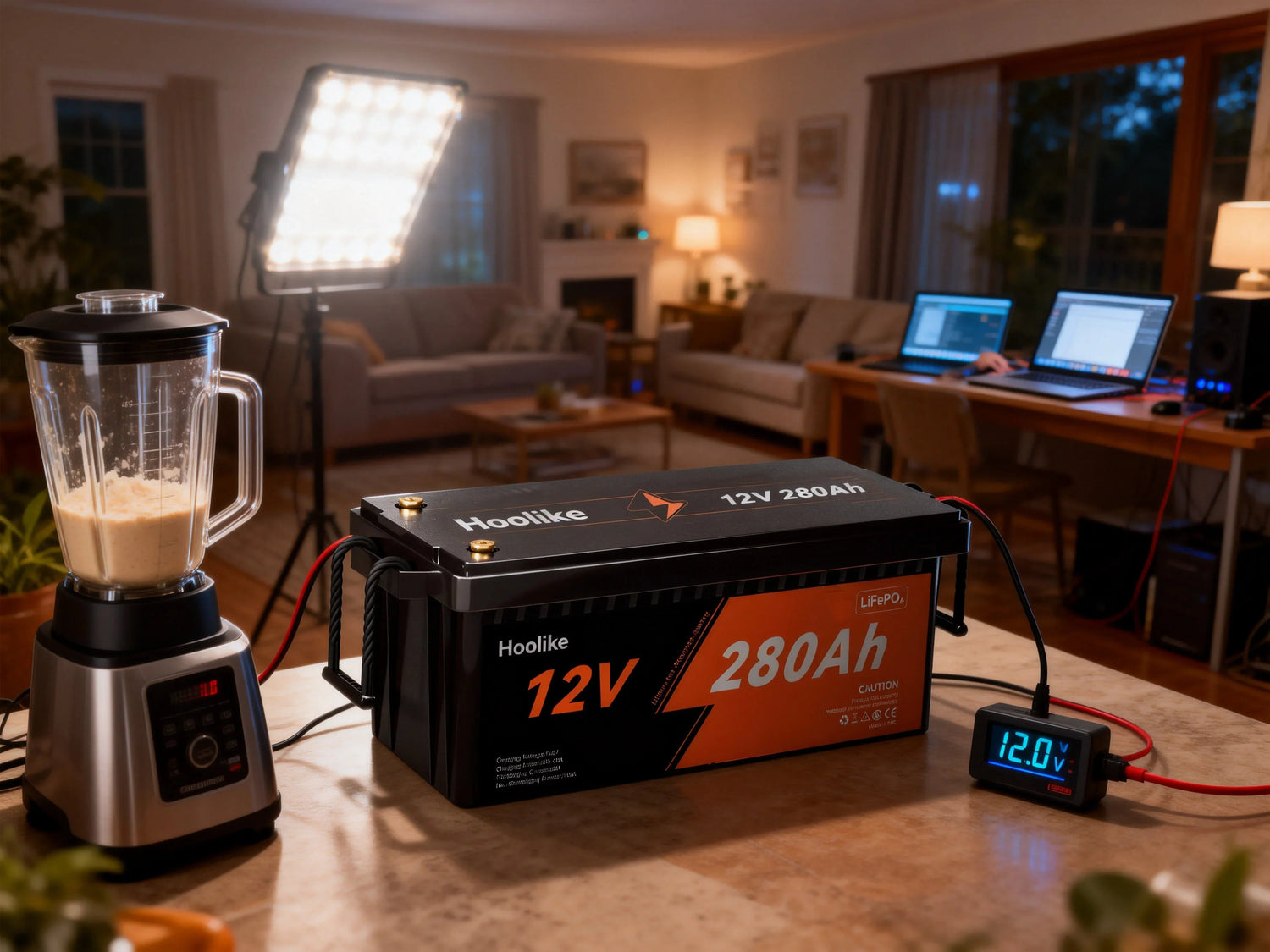 Hoolike 12V 280Ah LiFePO4 battery powering blender and laptops in home setting