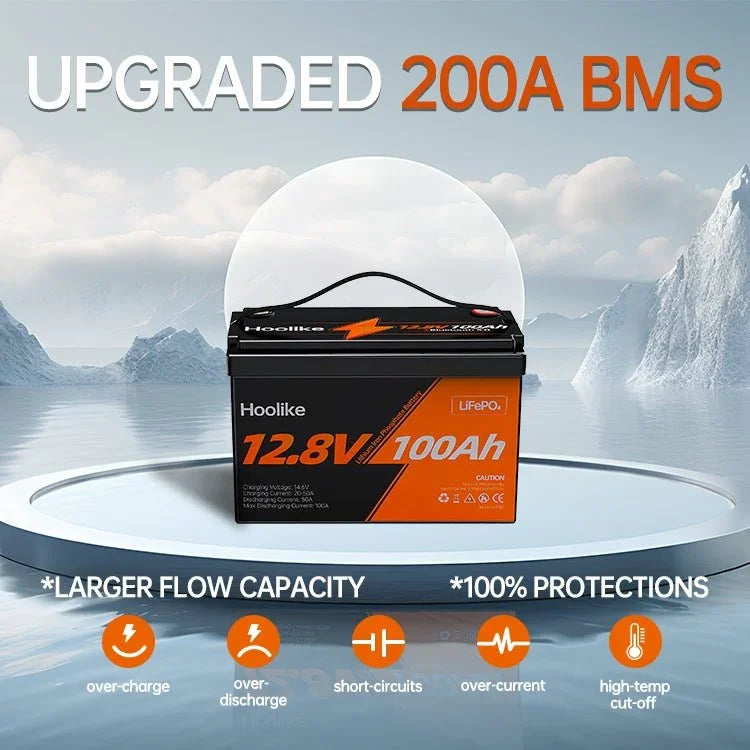 12.8V 100Ah LiFePO4 battery with 200A BMS, featuring overcharge, short-circuit, and high-temp protection