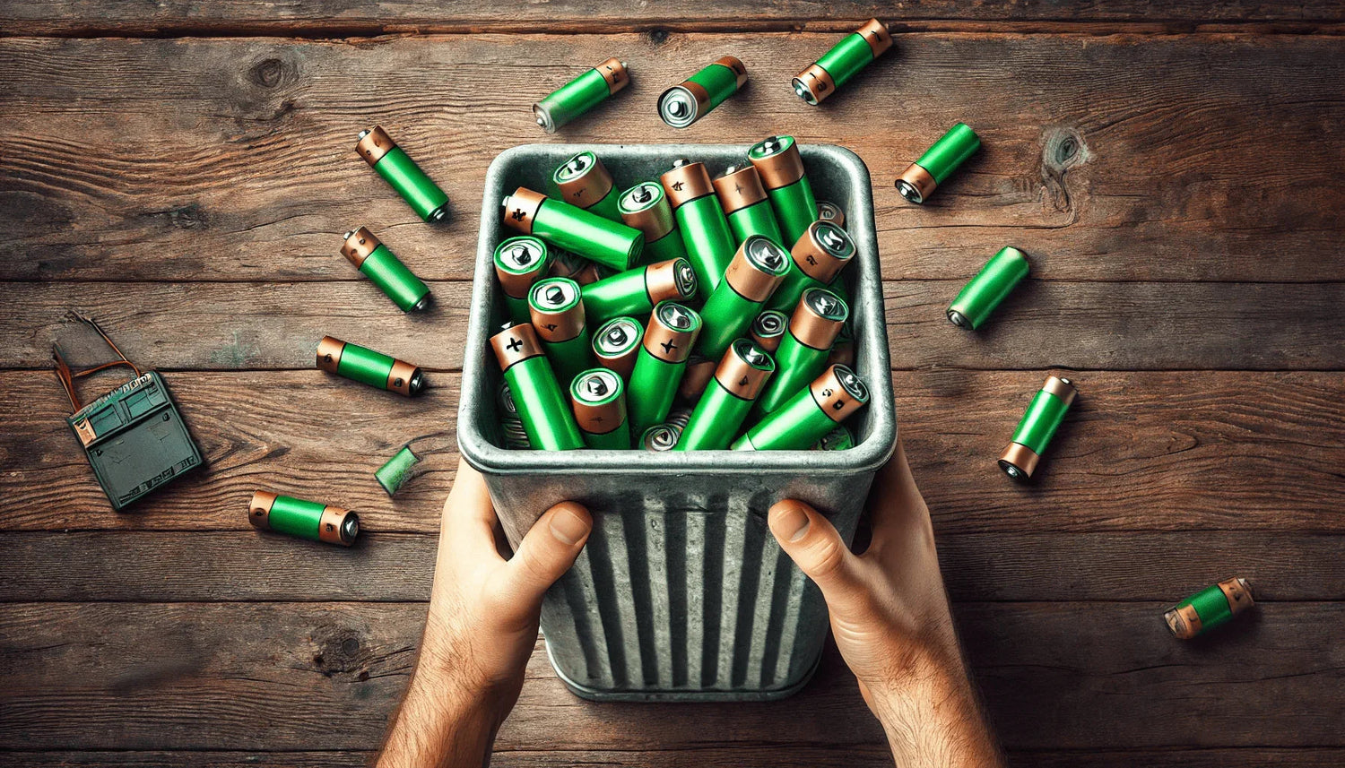 "Hands holding a metal bin filled with used green batteries on a wooden surface."