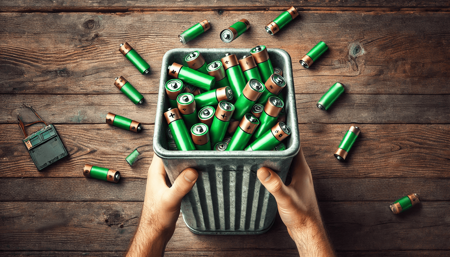 "Hands holding a metal bin filled with used green batteries on a wooden surface."