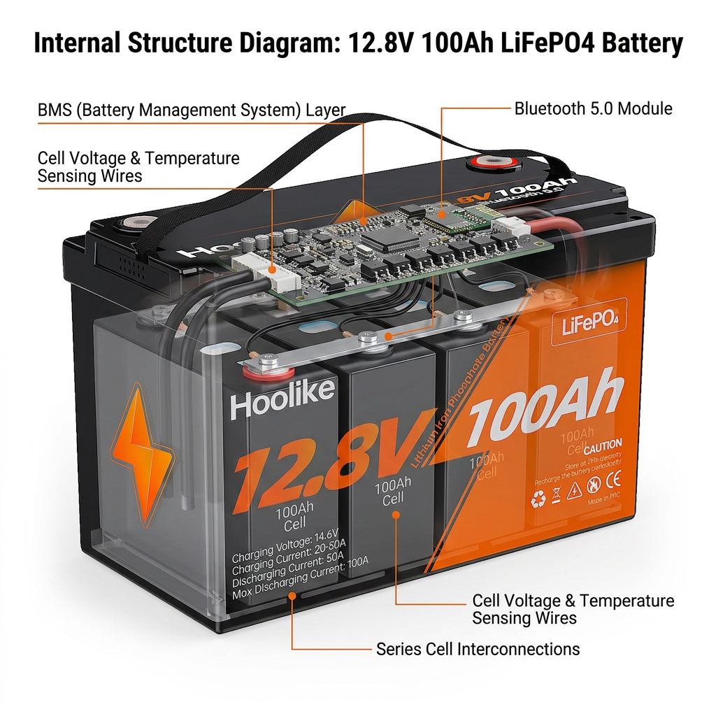 LiFePO4 battery internal structure showing cells and BMS layer